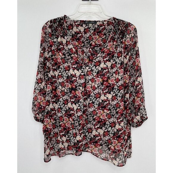 Rose & Olive Women's Red Black Floral V-Neck 3/4 Sleeve Layered Top Size S - Picture 1 of 10